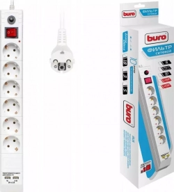 Сетевой фильтр BURO BU-SP1.8_USB_2A-W 1.8м, 6 розеток, белый