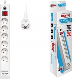 Сетевой фильтр BURO BU-SP3_USB_2A-W 3м, 6 розеток, белый