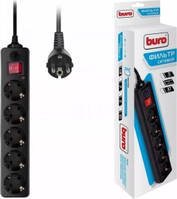 Сетевой фильтр BURO 500SH-1.8-B 1.8м,5 розеток, черный (коробка)