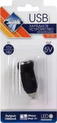 Зарядное устройство NOVA BRIGHT для моб.устройств, USB-порт, 1000мА, индикатор, 12/24В 39728