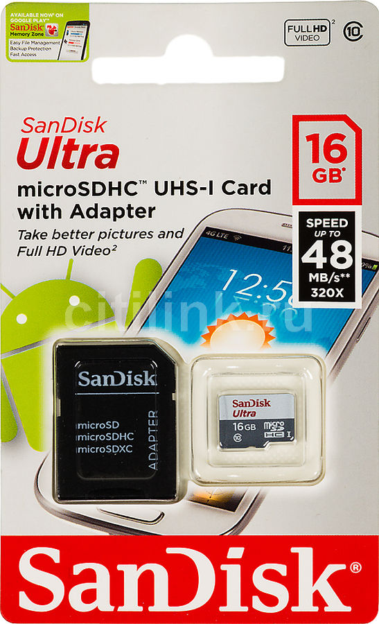 SD micro карта SANDISK Ultra 16 Gb class 10 + адаптер