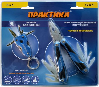 Мультитул  ПРАКТИКА  плоскогубцы 12 в 1 + брелок 6в1 (775-051)