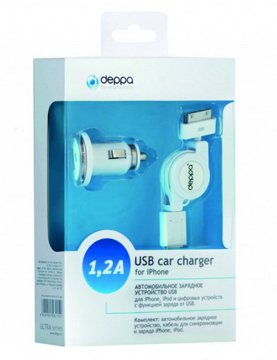 АЗУ  DEPPA  Ultra USB компакт 1,2А + кабель-рулетка
