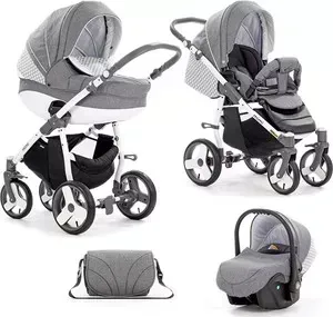 Коляска TUTIS 3 в 1 Mimi Plus Белая рама Серый лен/белый/ромб 503725