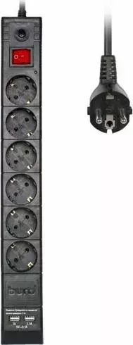 Сетевой фильтр BURO BU-SP5_USB_2A-B 5м, 6 розеток, черный