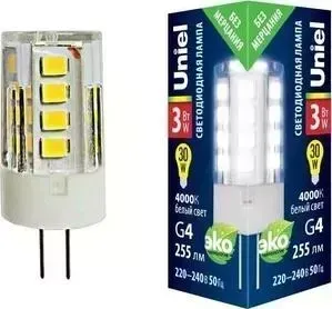 Лампа UNIEL светодиодная (UL-00006743) G4 3W 4000K прозрачная LED-JC-220/3W/4000K/G4/CL GLZ09TR