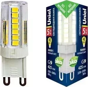 Лампа UNIEL светодиодная (UL-00006748) G9 5W 3000K прозрачная LED-JCD-5W/3000K/G9/CL GLZ09TR