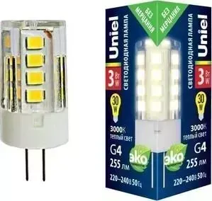 Лампа UNIEL светодиодная (UL-00006742) G4 3W 3000K прозрачная LED-JC-220/3W/3000K/G4/CL GLZ09TR