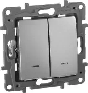 Выключатель Legrand двухклавишный Etika с подсветкой 10A 250V алюминий 672404