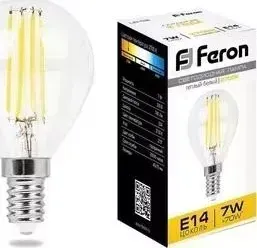 Лампа светодиодная FERON филаментная LB-52 25874 E14 7W 2700K Шар Прозрачная