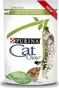 Пауч CAT CHOW и Adult Cat Sterelised с ягненком и зеленой фасолью кусочки в соусе для стерилизованных кошек 85г
