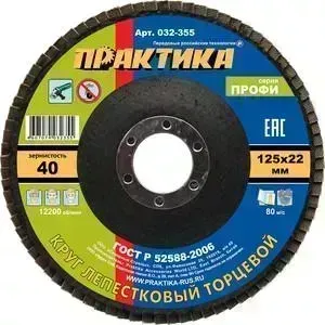 Круг шлифовальный ПРАКТИКА 125х22 мм Р 40 (032 - 355)