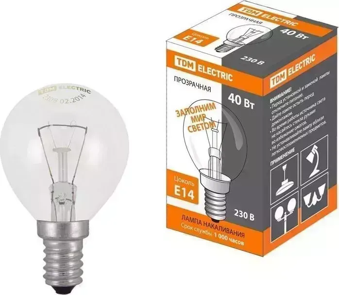 Лампа TDM ELECTRIC накаливания "Шар прозрачный" 40 Вт-230 В-Е 14
