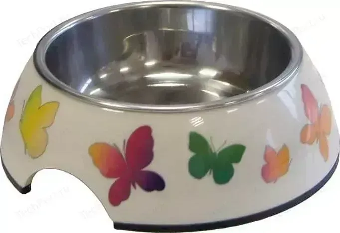 Миска SuperDesign METALIC BOWL SIZE S Butterfly на меламиновой подставке "Бабочки" для кошек и собак 160мл