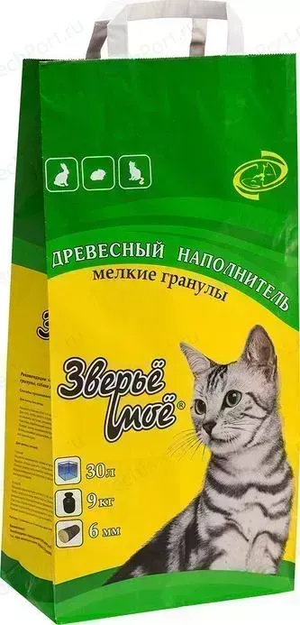 Наполнитель Зверьё моё впитывающий древесный мелкие гранулы 6мм для кошек и грызунов 9кг (30л)