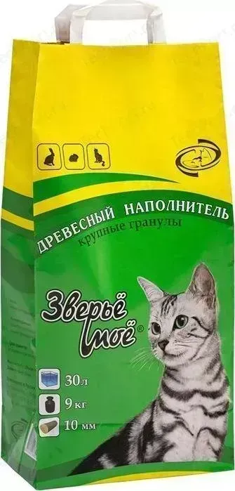 Наполнитель Зверьё моё впитывающий древесный крупные гранулы 10мм для кошек и грызунов 9кг (30л)