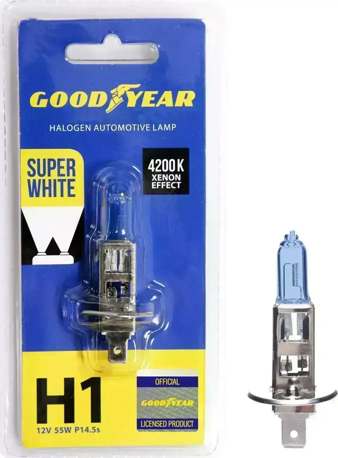 Лампа GOODYEAR автомобильная галогенная H1 12V 55W P14,5s Super White (блистер) H1 P14,5S SUPER WHITE
