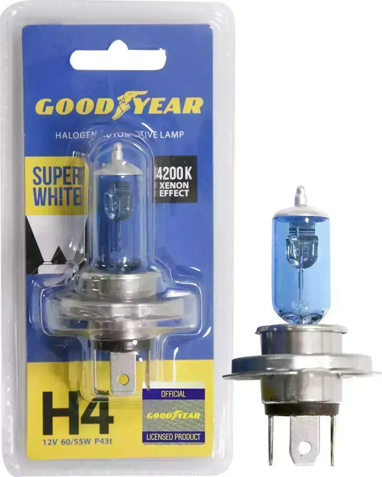 Лампа GOODYEAR автомобильная галогенная H4 12V 60/55W P43t Super White (блистер) H4 P43T SUPER WHITE