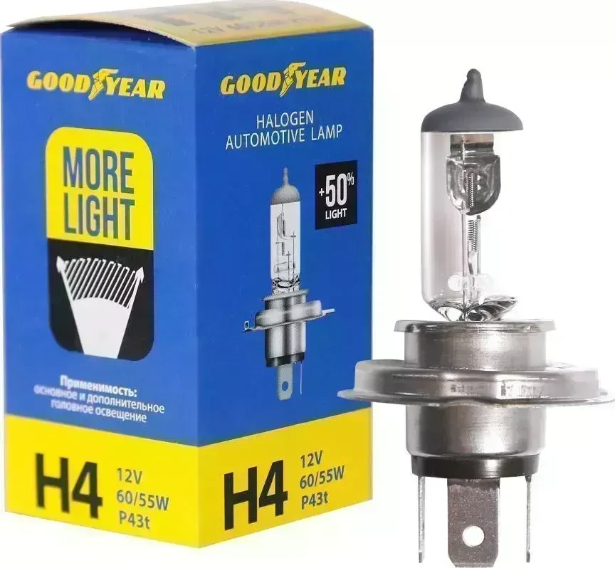 Лампа GOODYEAR автомобильная галогенная H4 12V 60/55W P43t (+50% света) More Light H4 P43T MORE LIGHT