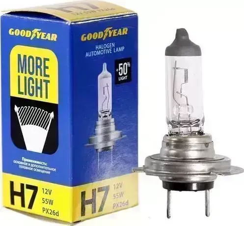 Лампа GOODYEAR автомобильная галогенная H7 12V 55W PX26d (+50% света) More Light H7 PX26D MORE LIGHT