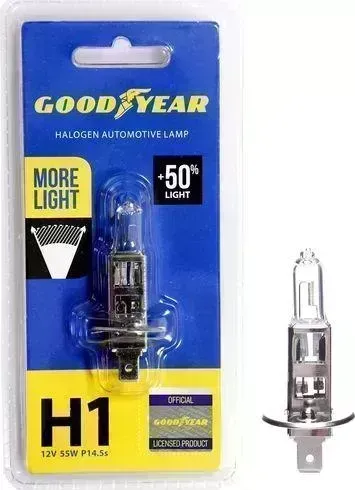 Лампа GOODYEAR автомобильная галогенная H1 12V 55W P14,5s (+50% света) More Light (блистер)* H1 P14,5S MORE LIGHT