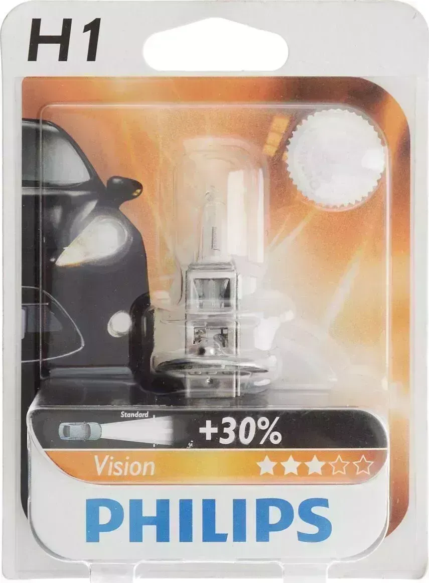 Лампа PHILIPS " " 12В, H1, 55Вт, P14.5s +30% VISION, пластиковый бокс "" P14.5S