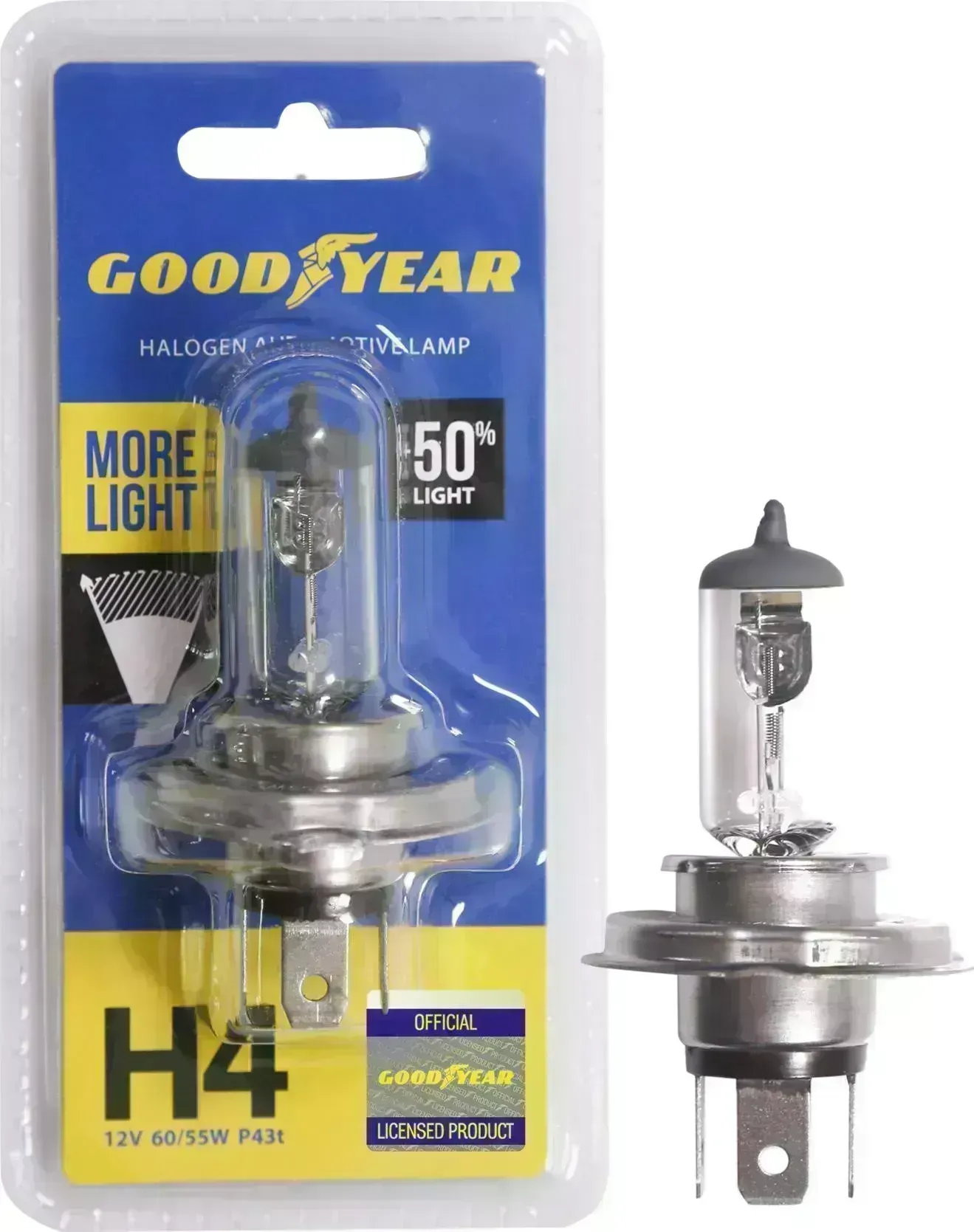 Лампа GOODYEAR автомобильная галогенная H4 12V 60/55W P43t (+50% света) More Light (блистер) H4 P43T MORE LIGHT