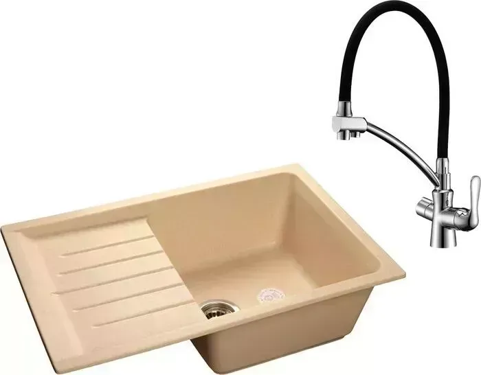 Мойка кухонная и смеситель GranFest и смеситель Practik GF-P760L, Lemark Comfort LM3070C с сифоном, бежевая
