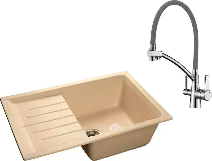 Мойка кухонная и смеситель GranFest и смеситель Practik GF-P760L, Lemark Comfort LM3071C-Gray с сифоном, бежевая