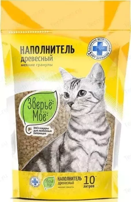 Наполнитель Зверьё моё впитывающий древесный мелкие гранулы 6мм для кошек и грызунов 10л