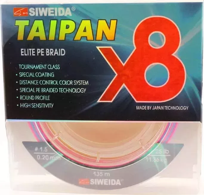 Леска плетеная SIWEIDA Taipan Elite PE Braid X8 135м 0,20мм (11,36кг) мультиколор