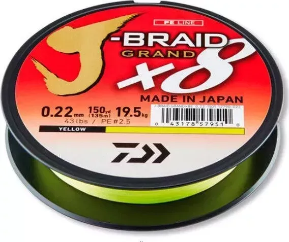 Леска плетеная DAIWA J-Braid Grand X8 135м 0,22мм (19,5кг) желтая
