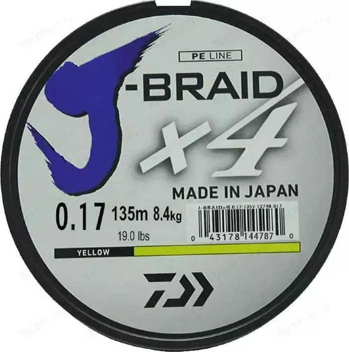 Леска рыболовная DAIWA плетеная J-Braid X4 135м 0,17мм желтая