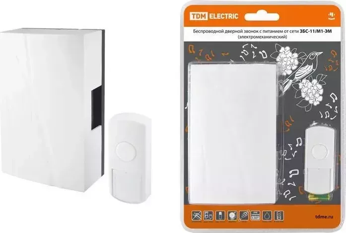 Звонок TDM ELECTRIC беспроводной в эл.сеть ЗБС-11/М1-ЭМ (эл.мех, кнопка IP44, AC 230V, многокодовый)