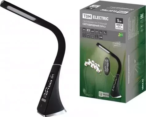 Светильник TDM ELECTRIC светодиодный-часы СНЧ-2, 5 Вт, календ., терм-р, 5000 К, сенсор-диммер, USB, черный,