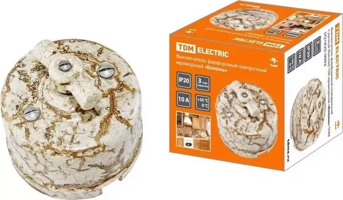 Выключатель TDM ELECTRIC фарфоровый поворотный с ручкой (бантик) 10 А мраморный Болонь