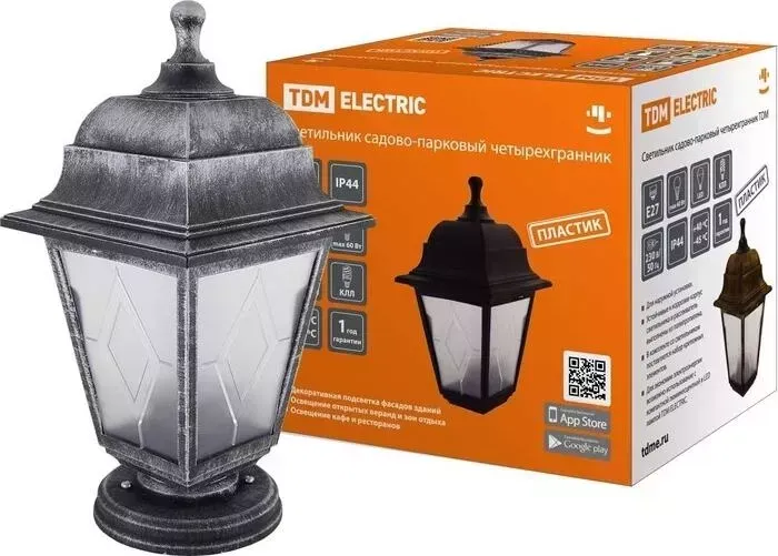 Светильник TDM ELECTRIC садово-парковый НТУ 04-60-001 четырехгранник, напольный, пластик, расс.пластик, серебро