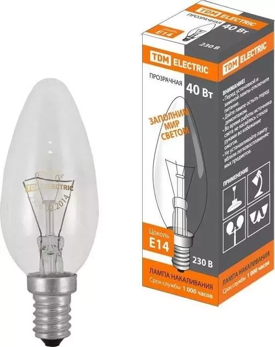Лампа TDM ELECTRIC накаливания ;Свеча прозрачная; 40 Вт-230 В-Е 14