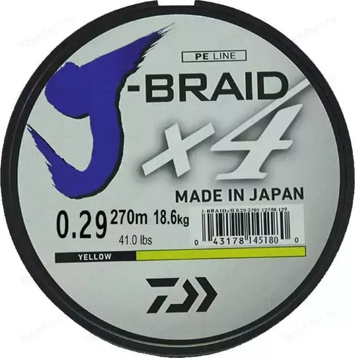 Леска рыболовная DAIWA плетеная J-Braid X4 270м 0,29мм желтая