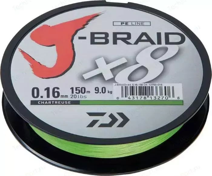 Леска рыболовная DAIWA плетеная J-Braid X8 150м 0,16мм флуор-желтая