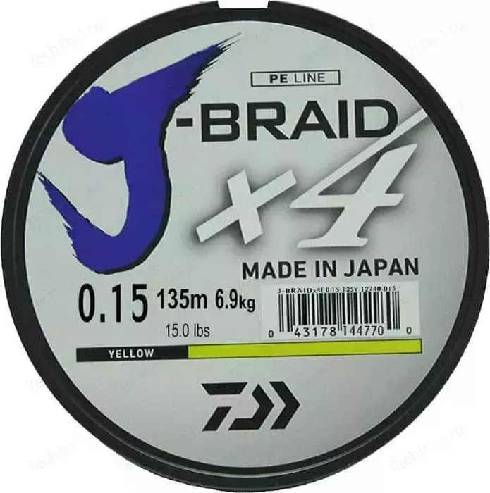 Леска рыболовная DAIWA плетеная J-Braid X4 135м 0,15мм желтая