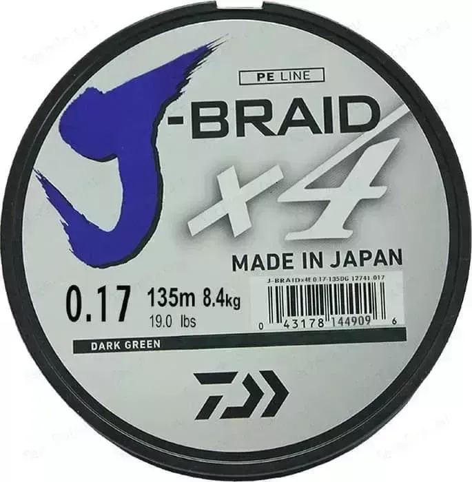 Леска рыболовная DAIWA плетеная J-Braid X4 135м 0,17мм зеленая
