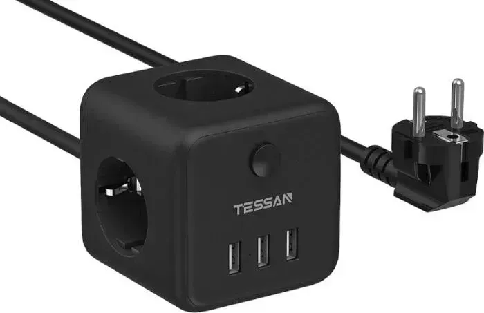 Сетевой фильтр TESSAN TS-301 с кнопкой питания на 3 розетки и 3 USB, Black