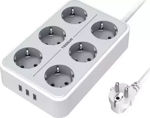 Сетевой фильтр TESSAN TS-303 с кнопкой питания на 6 розеток и 3 USB, Grey