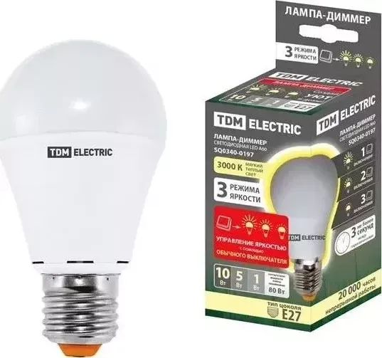 Лампа TDM ELECTRIC светодиодная А60 - 10 Вт-230 В -3000 К-E27 "-ДИММЕР"