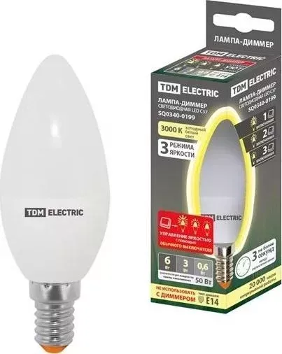 Лампа TDM ELECTRIC светодиодная С37-6 Вт-230 В-3000 К-E14 "-ДИММЕР"