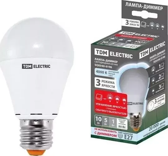 Лампа TDM ELECTRIC светодиодная А60 - 10 Вт-230 В -4000 К-E27 "-ДИММЕР"