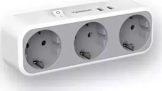 Сетевой фильтр TESSAN TS-322 с кнопкой питания на 3 розетки и 2 USB, Grey