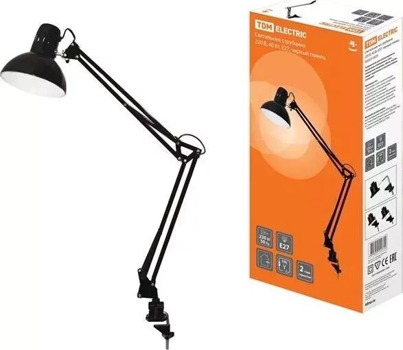 Светильник TDM ELECTRIC струбцина 220 В, 40 Вт, E27 черный глянец