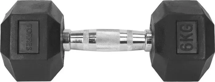 Гантель TORRES 6 кг арт. PL51906, металл в резиновой оболочке, форма шестигранник, черный